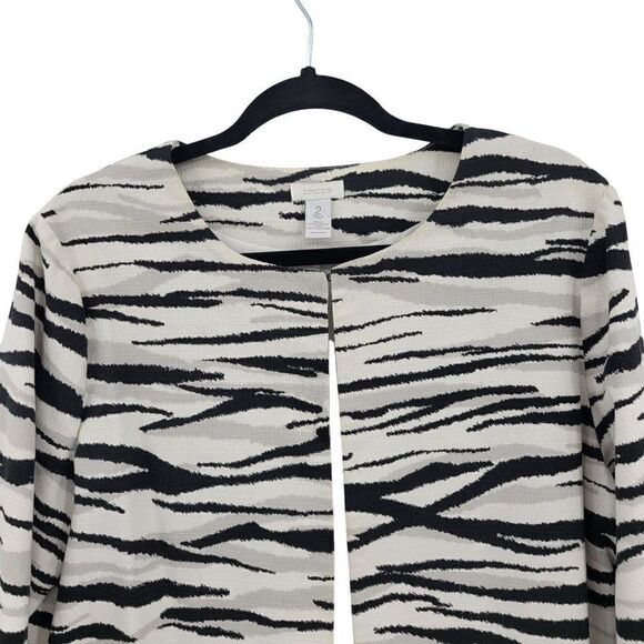 Chico's Blazer Size 2 White Twill Black Gray Tiger Cotton Scoop Career Luncheon - Picture 7 of 12